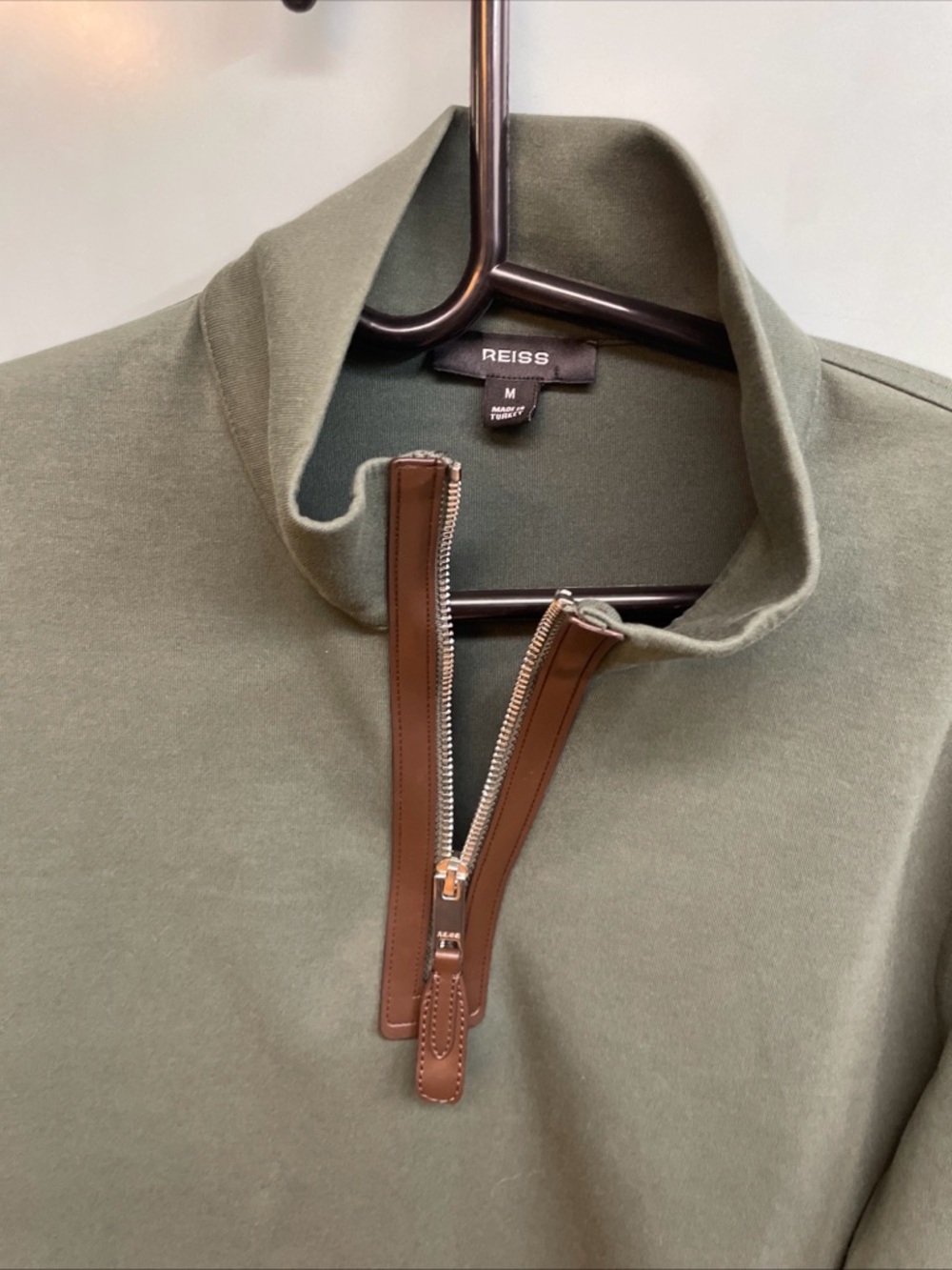 Reiss Olive Green Half-Zip Sweater with Brown Trim